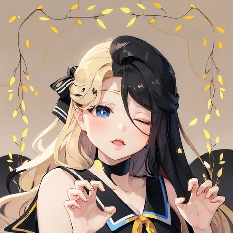 Character with half blonde and black hair moves hands with clawing motion, background of leaves and soft colors vibrating slowly, half-closed, anime style with bright and cheerful lighting, sailor moon Suit With a black shirt collar, half blonde and black ...