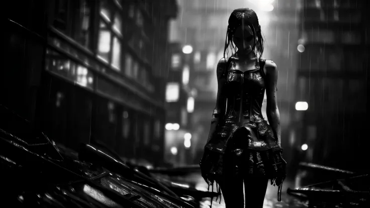 masterpiece, best quality, monochrome, 1girl, cyberpunk, blurry, rain, wet,