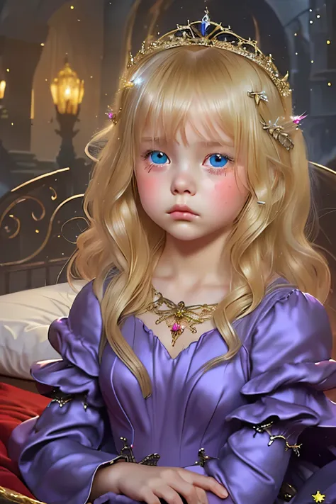 Little young girl, blonde hair,cute,fantasy, Gorgeous purple dress ,tiara,red carpet,city,princess,young girl,evening,upper body,Sad,tears,is young,bed