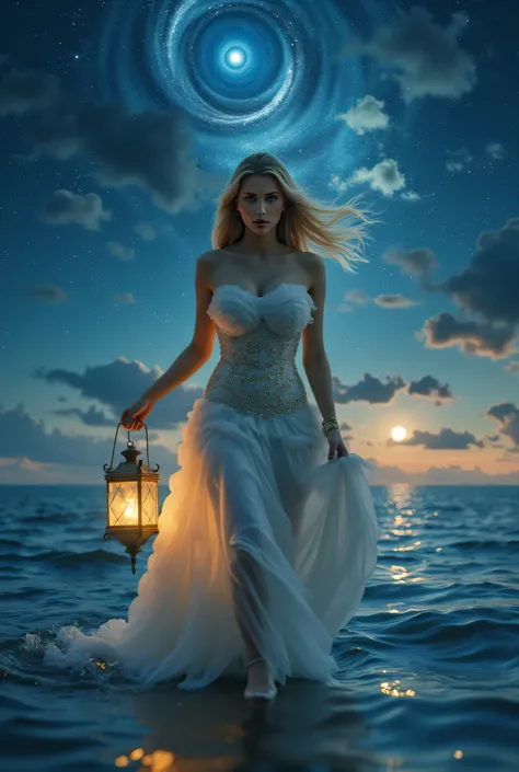 )cinematic, ultra detailed, focus on Blonde woman, with facial beauty, looking front, walking on a reflective ocean under a sky of swirling galaxies, her dress made of clouds, holding a lantern filled with stars, surrealism, Salvador Dalí meets Studio Ghib...