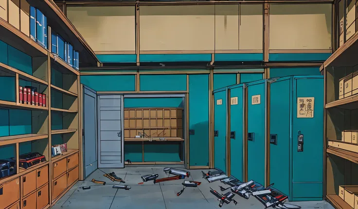 Drawn in 80’s anime art style.
Retro anime. Vintage Anime. Classical Anime.
Japanese Police Station Armory Room
7. Armory / Evidence Room
• Access: Locked behind thick doors and monitored.
• Contents:
• Locked lockers with weapons (batons, sidearms,...