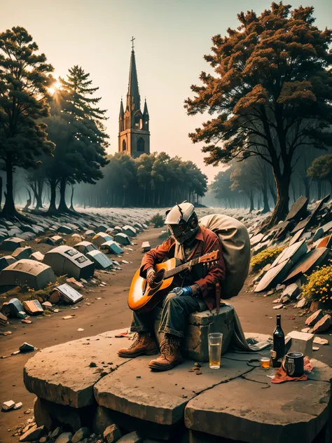 wilderness,(A very poor old mech sitting on a rock and playing a guitar:1.3),(Guitarist),(is sitting:1.2),rust,and dark and fantastic, distant skyline ,gothic,moss,(small white flower ),(cemetry),Gothic church,(blood-red moon),Gothic elements,Wildfire,cold...