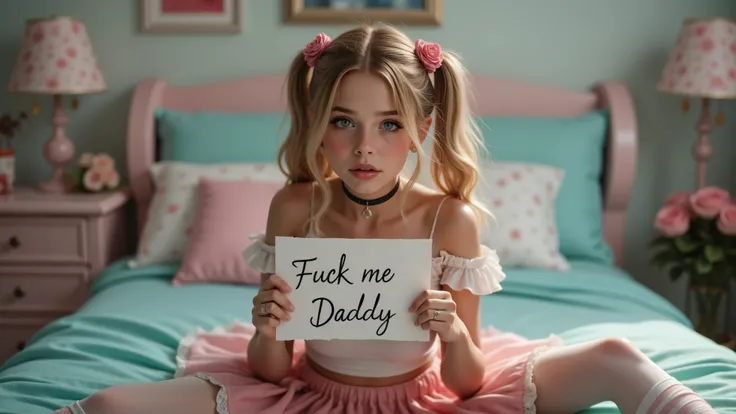 i CINEMTIC FULL BODY PICTURE OF 1girl, sexy CUTE girl, pigtails, cute face, gorgeous, cute, pretty face, pale skin, blue eyes, full shiny lips, big lips, thick lips, parted lips, light pink lip gloss, mascara, innocent look, young face, choker, hd feet and...