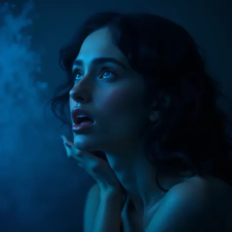 A close up portrait dramatic artistic shot of a young beautiful woman with dark wavy hairstyle, looking up, open mouth, closed eyes, veiny hairless male hand on her neck, cinematic shot, cinematic composition, thick mist, ((((deep dark sapphire blue color)...
