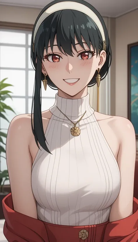 score_9, score_8_up, score_7_up, source_Anime Top Quality、8k、 masterpiece、super high accuracy、 natural light、perfect anatomy、one woman、medium breasts、saggy breasts:1.7、black hair、yor foger、(fun、happy)、sleeveless rib knit sweater、High Neck、side pring park))...