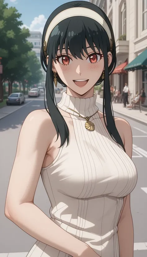 score_9, score_8_up, score_7_up, source_Anime Top Quality、8k、 masterpiece、super high accuracy、 natural light、perfect anatomy、one woman、medium breasts、saggy breasts:1.7、black hair、yor foger、(fun、happy)、sleeveless rib knit sweater、High Neck、((side pring park...