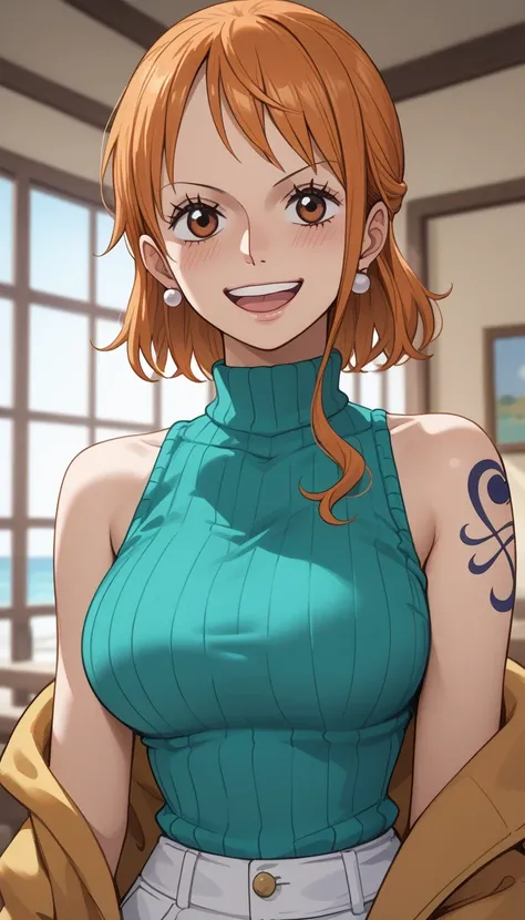 score_9, score_8_up, score_7_up, source_Anime Top Quality、8k、 masterpiece、super high accuracy、 natural light、perfect anatomy、one woman、medium breasts、saggy breasts:1.7、one piece、nami、(embarrassing、happy)、sleeveless rib knit sweater、High Neck、(side pring pa...