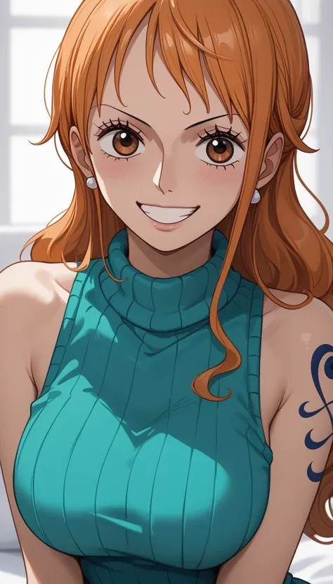 score_9, score_8_up, score_7_up, source_Anime Top Quality、8k、 masterpiece、super high accuracy、 natural light、perfect anatomy、one woman、medium breasts、saggy breasts:1.7、one piece、nami、(embarrassing、happy)、sleeveless rib knit sweater、High Neck、(side pring pa...