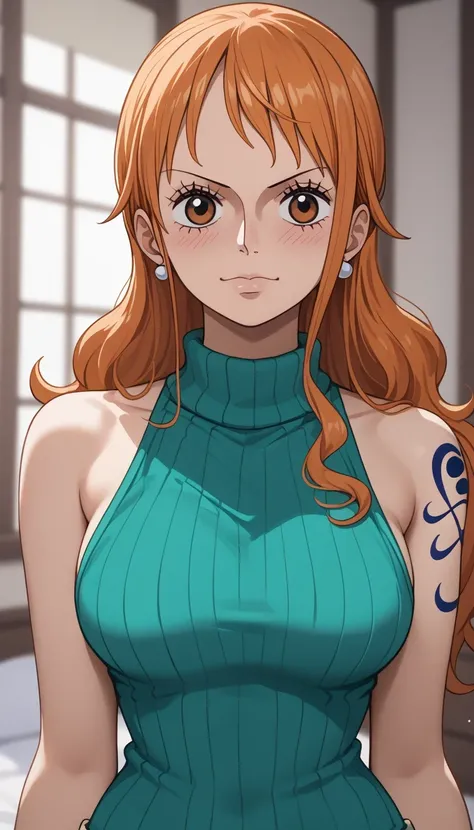 score_9, score_8_up, score_7_up, source_Anime Top Quality、8k、 masterpiece、super high accuracy、 natural light、perfect anatomy、one woman、medium breasts、saggy breasts:1.7、one piece、nami、(embarrassing:1.5、undulating mouth)、sleeveless rib knit sweater、High Neck...