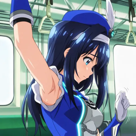 (masterpiece),(absurdres),(high quality), futaba aoi \(vividred operation\),vividred operation,blue hair, palette suit,hat,gloves,knee boots, bike shorts,hat feather, anime source, anime coloring, anime screencap, on train, holding hand grip
right arm up, ...