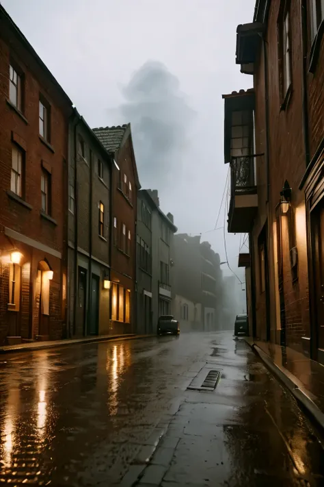 1950s rainy day landscape, atmospheric rainy village, detailed brick buildings, cobblestone streets, puddles reflecting streetlights, vintage cars parked, overcast cloudy sky, moody lighting, muted color palette, cinematic mood, (best quality,4k,8k,highres...