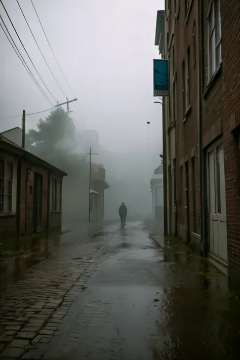 1950s rainy day landscape, atmospheric rainy village, detailed brick buildings, cobblestone streets, puddles reflecting streetlights, vintage cars parked, overcast cloudy sky, moody lighting, muted color palette, cinematic mood, (best quality,4k,8k,highres...