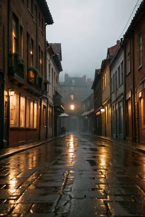 1950s rainy day landscape, atmospheric rainy village, detailed brick buildings, cobblestone streets, puddles reflecting streetlights, vintage cars parked, overcast cloudy sky, moody lighting, muted color palette, cinematic mood, (best quality,4k,8k,highres...