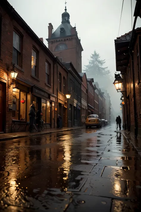 1950s rainy day landscape, atmospheric rainy village, detailed brick buildings, cobblestone streets, puddles reflecting streetlights, vintage cars parked, overcast cloudy sky, moody lighting, muted color palette, cinematic mood, (best quality,4k,8k,highres...