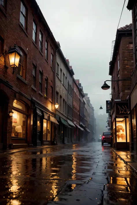 1950s rainy day landscape, atmospheric rainy village, detailed brick buildings, cobblestone streets, puddles reflecting streetlights, vintage cars parked, overcast cloudy sky, moody lighting, muted color palette, cinematic mood, (best quality,4k,8k,highres...