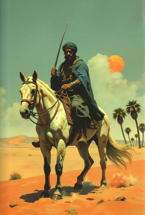 High-quality oil painting, vintage analog photography style, highly detailed image.
A desert warrior of Arab origin astride a majestic Andalusian horse. The man has dark skin, dark eyes, and a pointed beard. His features are harsh and weathered by the inte...