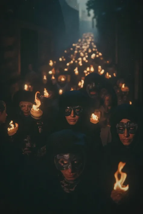 An endless procession of shadow-wrapped pilgrims walking backwards into the darkness of Zugarramurdi, each carrying a flame that does not burn, followed by silent ren with stitched eyes. Hyperrealist, Cinematográfico.