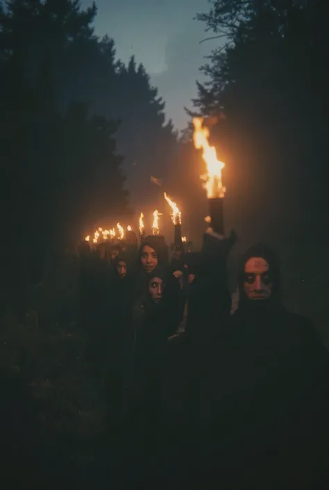 An endless procession of shadow-wrapped pilgrims walking backwards into the darkness of Zugarramurdi, each carrying a flame that does not burn, followed by silent ren with stitched eyes. Hyperrealist, Cinematográfico.