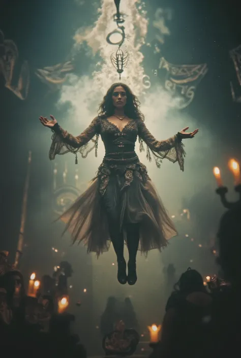 An inverted sacrifice: a woman floats midair, blood running upward, her body unraveling into ancient runes, as a choir of unborn voices hums a melody that predates sound itself. CINEMATIC.