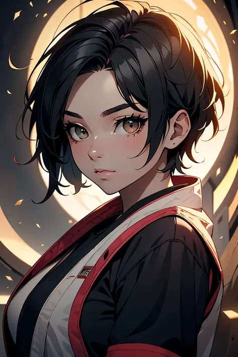 Uma garota, 14 anos, pretty face, Pixie-style short black hair, Wearing karate uniform look sweet, watching the viewer, Illuminated scenario. ((Best Quality)), ((detalhado)),(( pretty face)), ((hd)), ((Only face)), 