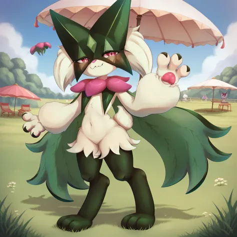 detailed, intricate details, FaceDetail, stunning, masterpiece, score_9, score_8_up, score_7_up, grassy field, meowscarada, green fur, pink eyes, claws, mask, tail, pawpads, three fingers, in gazebo, smiling, waving hands,