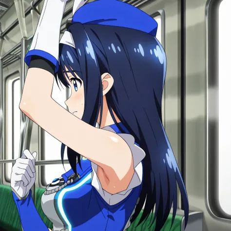 (masterpiece),(absurdres),(high quality), futaba aoi \(vividred operation\),vividred operation,blue hair, palette suit,hat,gloves,knee boots, bike shorts,hat feather, anime source, anime coloring, anime screencap, on train, holding hand grip
right arm up, ...