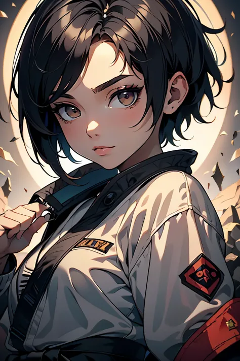 Uma garota, 14 anos, pretty face, Pixie-style short black hair, Wearing karate uniform look sweet, watching the viewer, Illuminated scenario. ((Best Quality)), ((detalhado)),(( pretty face)), ((hd)), ((Only face)), 