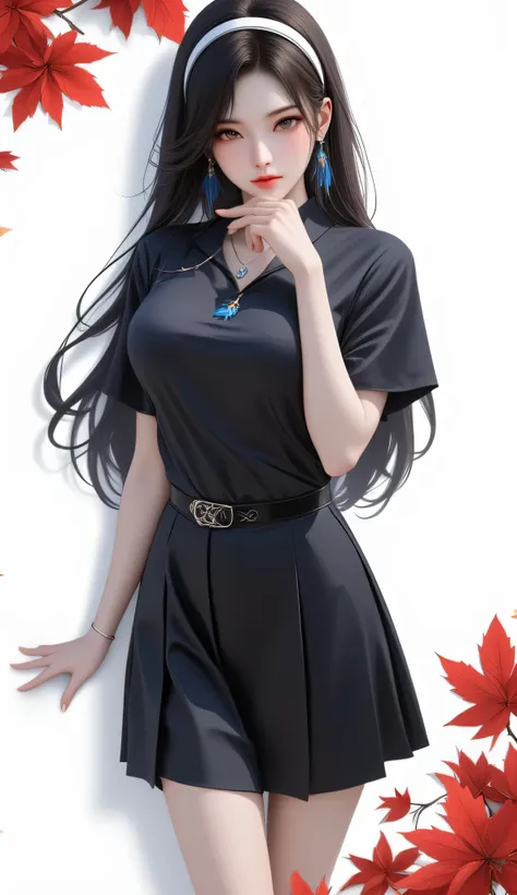 Armor, masterpiece, Highly detailed, masterpiece , 1 student,Chinese school uniform , Shiny Black Shirt, Mid-Length Skirt,beautiful eyes, Long black hair, Blue Highlight Hair, scrolls, White headband , Perfect Face and Skin, Perfect Hands and Legs, , whole...