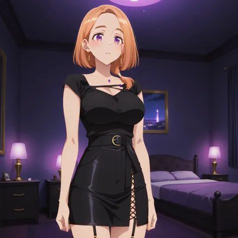 masterpiece, best quality, absurd, latest, high resolution, official art, screenshot, anime screenshot, anime coloring, 1girl, banri shiunji, medium hair, purple eyes, orange hair, hair over shoulder, mature female, large breasts, in a luxury hotel at nigh...