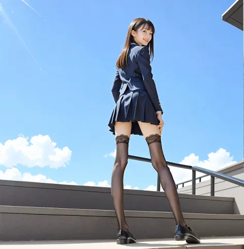 (skinny:1.5),( young:1.4),Girl Looking Back and Smiling,Very Thin Ass, very small butt ,very thin calves ,Very Thin Thighs,( is familiar ),glare、navy blazer、long skirt、rear view、Photo Secrets、(Scenery seen from the crotch),(black lace stocking to decorate ...
