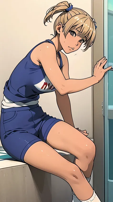 masterpiece、best quality、 my skin is tanned 、brown skin、 Short Blonde Twin Tails 、Blonde dyed hair 、wear a striped tank top shirt on your upper body 、  Wear an athletic navy blue bloomer on your lower body（high leg bloomers、Bulma with 2 white lines on the ...
