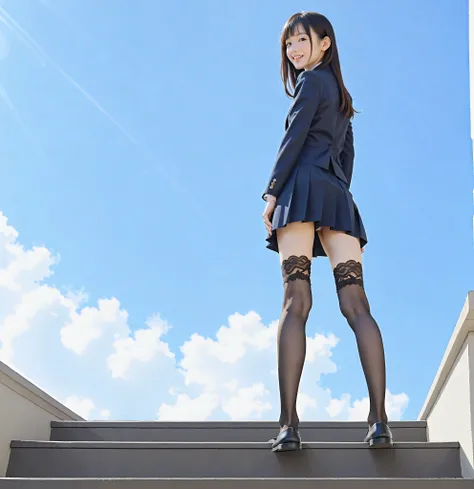(skinny:1.5),( young:1.4),Girl Looking Back and Smiling,Very Thin Ass, very small butt ,very thin calves ,Very Thin Thighs,( is familiar ),glare、navy blazer、long skirt、rear view、Photo Secrets、(Scenery seen from the crotch),(black lace stocking to decorate ...