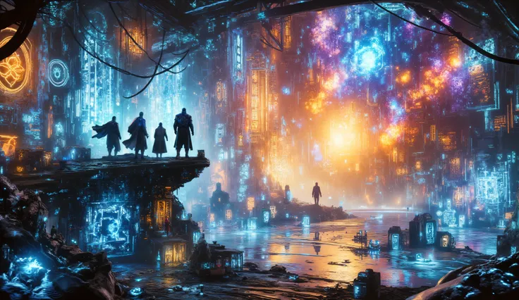 Three galactic knights standing on a cliff above a glowing nebula, star chart capes flowing in zero gravity, surreal sci-fi landscape, magical realism, inspired by Moebius and Giger, intricate light reflections, dreamlike atmosphere, color palette Maximum...