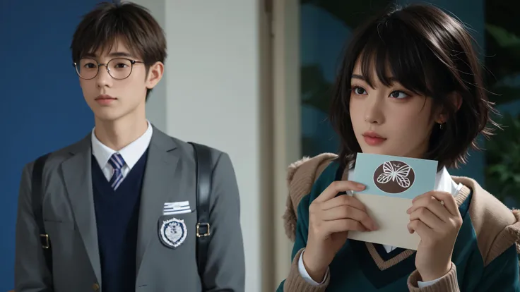 Two young Asian individuals, likely agers, are featured in a split-screen image with a soft pastel color palette that conveys a sense of calm, warmth, and gentle nostalgia. The individual on the left is a male, wearing a light gray school uniform jacket wi...