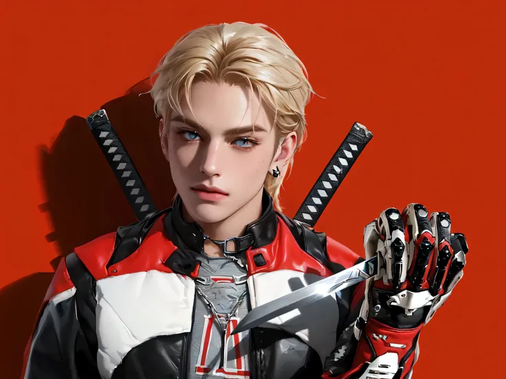 blond haired man in leather outfit holding two swords and a book, in style of apex legends, jett from valorant, as a character in tekken, loba andrade from apex legends, katana zero video game character, johan liebert mixed with dante, realistic artstyle, ...
