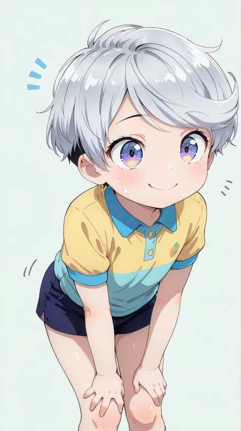 ((Front view)), (Solo), Cute, ((Toddler boy 1)), (), Shiny silver hair, Short hair, ((Side-swept bangs, Pixie cut hair)), (Big eyes, Very sophisticated eyes), (Cheerful expression, Light blush), Plump cheeks, Smile, Pastel colored polo shirt, Shorts, Slim ...