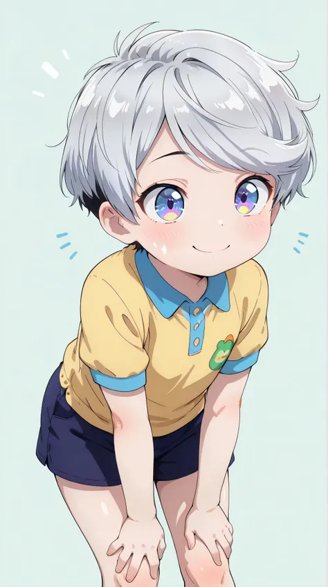 ((Front view)), (Solo), Cute, ((Toddler boy 1)), (), Shiny silver hair, Short hair, ((Side-swept bangs, Pixie cut hair)), (Big eyes, Very sophisticated eyes), (Cheerful expression, Light blush), Plump cheeks, Smile, Pastel colored polo shirt, Shorts, Slim ...