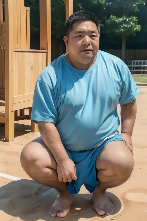 Thick Japan middle-aged man in his 50s, 1man, retarded, Dwarfism, He wears a light blue shorts, Bare Thighs, Pampers, shirtsless, ((peeing self, wetting self, pee stains,)), ((trembling, fear expression, scared, looking at viewer)), kindergarten background...