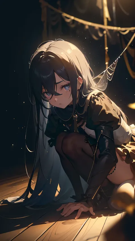 1Girl, (Ball Jointed Doll), Countless threads hanging from the ceiling: 1.5), (black blindfold),
(plastic glitter white leotard), gloves, thighhighs, puffy sleeves, long sleeves,
looking down, , (leaning forward:1.5), (lot of threads spread out on the f...