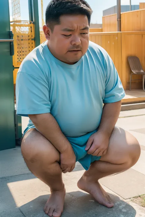 Thick Japan middle-aged man in his 50s, 1man, retarded, Dwarfism, He wears a light blue shorts, Bare Thighs, Pampers, shirtsless, ((peeing self, wetting self, pee stains,)), ((trembling, fear expression, scared, looking at viewer)), kindergarten background...