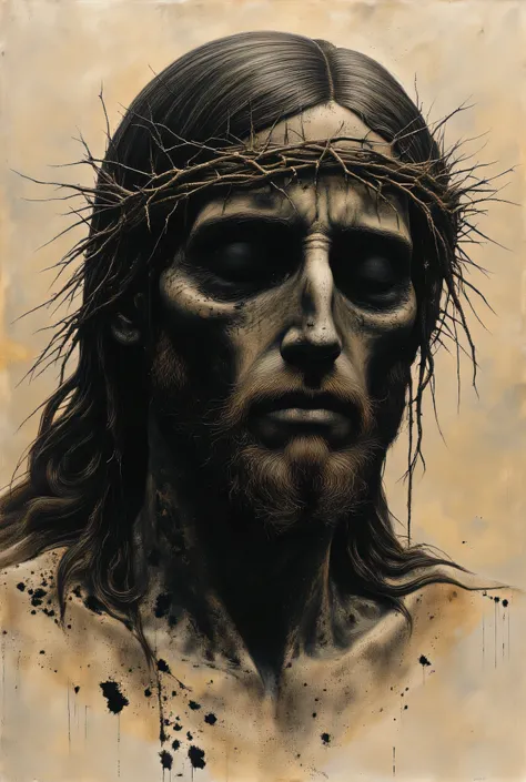((best quality)), ((Masterpiece)), (Highly detailed:1.3), Tattoo sketch of Jesus Christ's face covered in wounds and without eyes, with a crown of thorns on his head, (very complex and realistic texture: 1.2), (best quality, 4k, 8k, high resolution, Master...