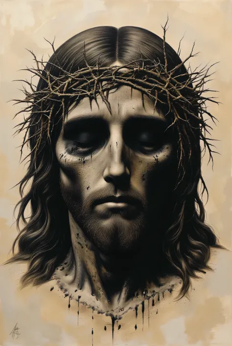 ((best quality)), ((Masterpiece)), (Highly detailed:1.3), Tattoo sketch of Jesus Christ's face covered in wounds and without eyes, with a crown of thorns on his head, (very complex and realistic texture: 1.2), (best quality, 4k, 8k, high resolution, Master...