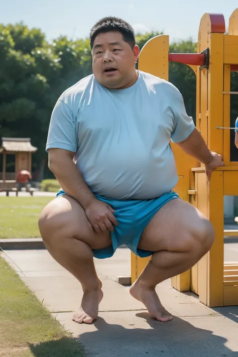 Thick Japan middle-aged man in his 50s, 1man, retarded, Dwarfism, He wears a light blue shorts, Bare Thighs, Pampers, shirtsless, ((peeing self, wetting self, pee stains,)), ((trembling, fear expression, scared, looking at viewer)), kindergarten background...