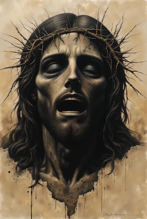 ((best quality)), ((Masterpiece)), (Highly detailed:1.3), Tattoo sketch of Jesus Christ's face covered in wounds, without eyes, with his mouth open, wearing a crown of thorns on his head, (very complex and realistic texture: 1.2), (best quality, 4k, 8k, hi...