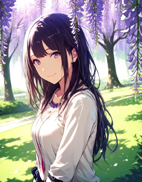 1girl, project sekai, year 2016, upper body, green park, spring, wisteria, casual clothes, masterpiece, high score, great score, absurdres, 16k, super detail