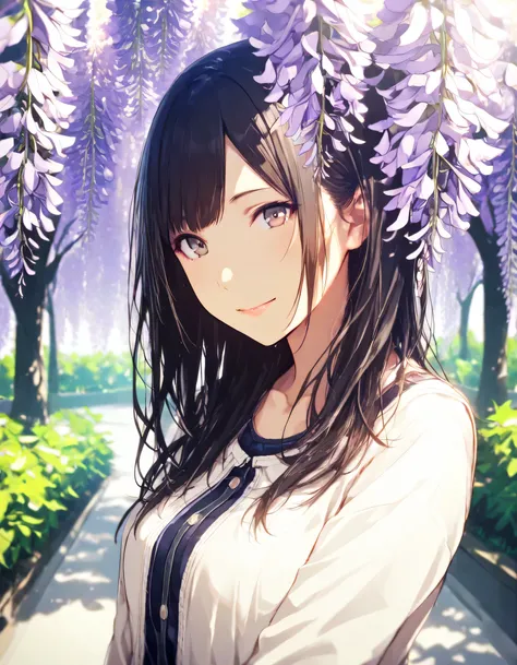 1girl, project sekai, year 2016, upper body, green park, spring, wisteria, casual clothes, masterpiece, high score, great score, absurdres, 16k, super detail