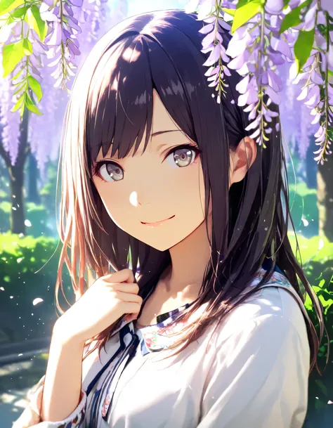 1girl, project sekai, year 2016, upper body, green park, spring, wisteria, casual clothes, masterpiece, high score, great score, absurdres, 16k, super detail