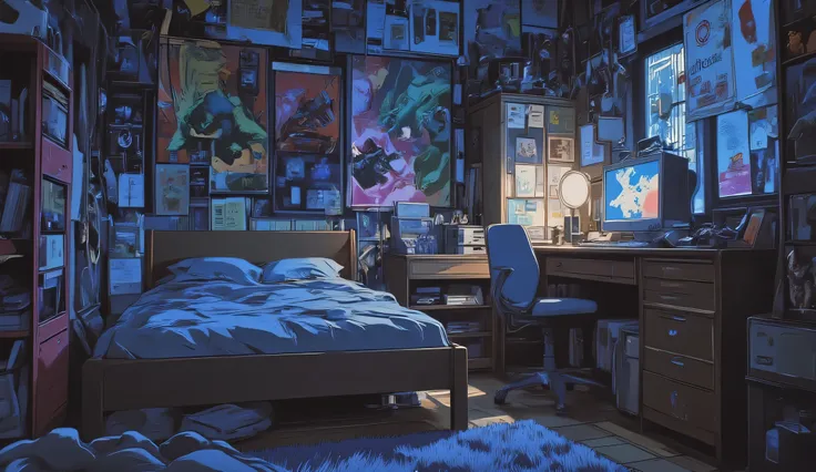 
Closed room with a bed and a modern computer, Godzilla posters on the walls, half-eyed, Pokemon posters in the background