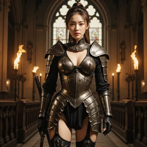 Create a lifelike image of a powerful Asian warrior, hair tied up, standing in a majestic medieval church, with arched stained-glass windows that radiate a warm glow. She wears a tight armor, is exquisitely designed, exudes strength and charm. Armor made o...