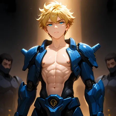 A high-definition image of a young age boy wearing a mecha gundam full body armor that open only at the abdomen and chest, revealing defined abs and chest to his nipples, The background shows a futuristic, high-tech setting with advanced machinery and dim,...